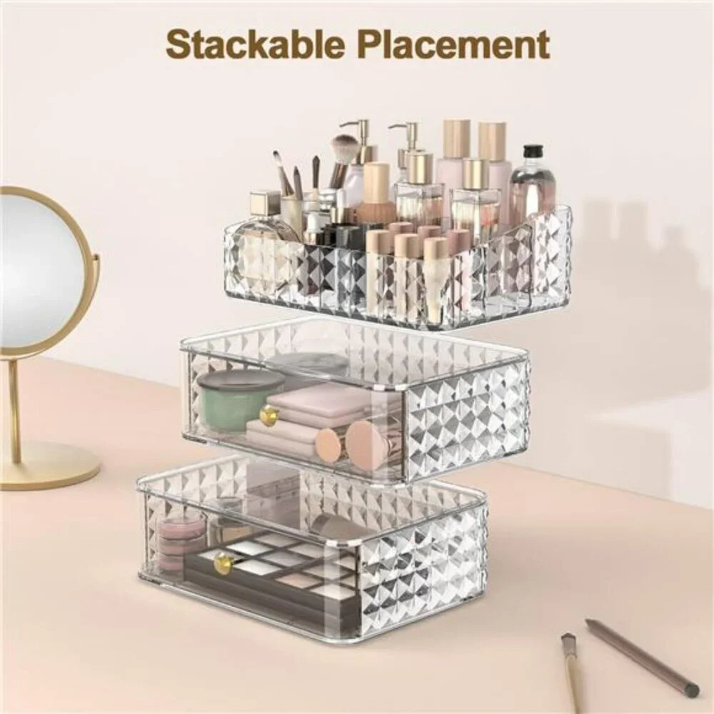 Clear stackable makeup organizer with drawers tray vanity storage case